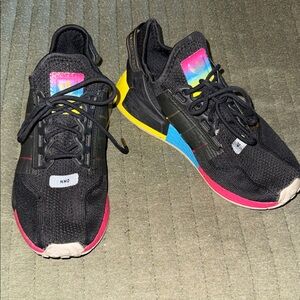 adidas Black Knit Sneakers with Pink, Blue & Yellow Accents.  Adidas NMD